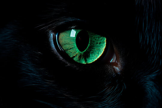 Black green-eyed witch cat. Generative AI