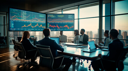 Fototapeta premium Business meeting in the wide modern office with stock infographics