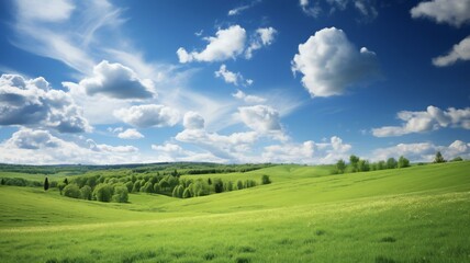 Fototapeta na wymiar the green fields of the countryside under a blue sky
