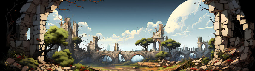 "Image of architectural ruins, landscape of structural ruins, ancient world."