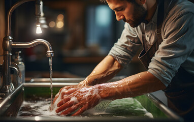 zoom de manos de un migrante latino lavando platos en una cocina de restaurante - obrazy, fototapety, plakaty