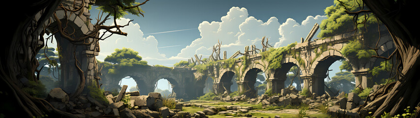 "Image of architectural ruins, landscape of structural ruins, ancient world."