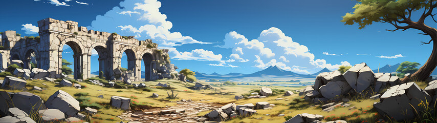 "Image of architectural ruins, landscape of structural ruins, ancient world."