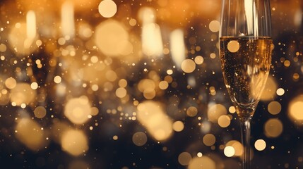 Bright golden champagne bubbles on blurred bokeh background