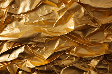 Crumpled gold foil paper abstract background with shadows. Textured backdrop.