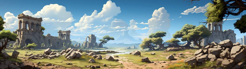 "Image of architectural ruins, landscape of structural ruins, ancient world."