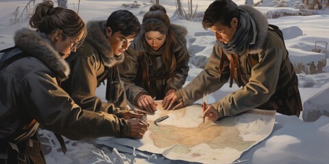  On the flip side of the snow, a determined team collaborates closely, armed with maps and compasses, navigating the winter landscape in search of elusive clues - obrazy, fototapety, plakaty