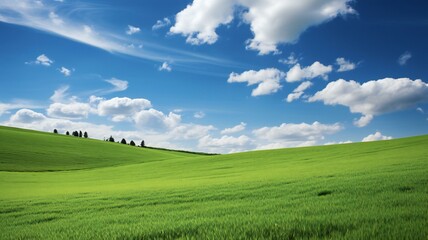 the green fields of the countryside under a blue sky