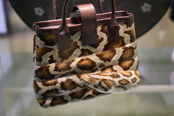Leather snake handbag in a museum