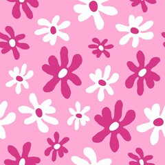Fototapeta na wymiar abstract modern seamless pattern. simple, cute pattern with daisy flowers, lines, dots. pink floral surface design background. textiles, stationery, packaging paper, covers. art illustration. barbie 