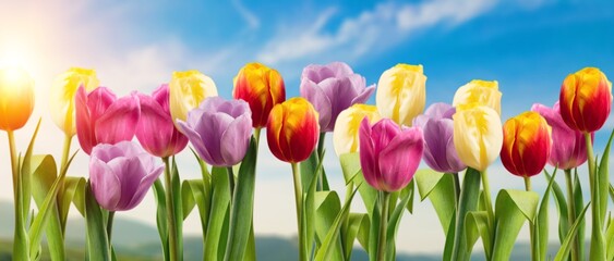 Spring fresh tulip flower big field at sunrise