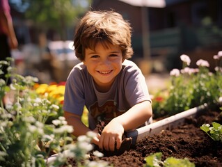 Joyful Garden Experience: Boy's Radiant Smile Captured