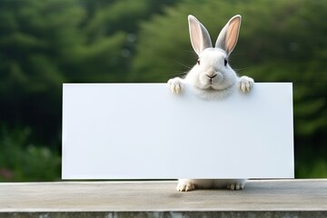 white rabbit with blank sign