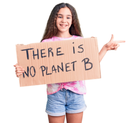 Cute hispanic child girl holding there is no planet b banner smiling happy pointing with hand and finger to the side