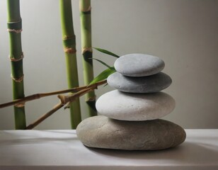 Rocas grisas pulidas apiladas con planta de bambú en un ambiente zen