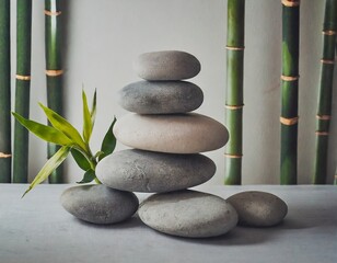 Fototapeta na wymiar Rocas grisas pulidas apiladas con planta de bambú en un ambiente zen
