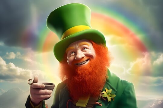 An image of a leprechaun with a green hat, a red beard, and a pipe (Generative AI)