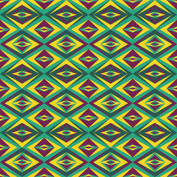 Geometric pattern in yellow purple and green colors. Vector seamless pattern design for textile, fashion, paper, packaging and branding. 