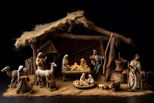 An image of a nativity scene with a wooden stable, a straw roof, and a star above it (Generative AI)