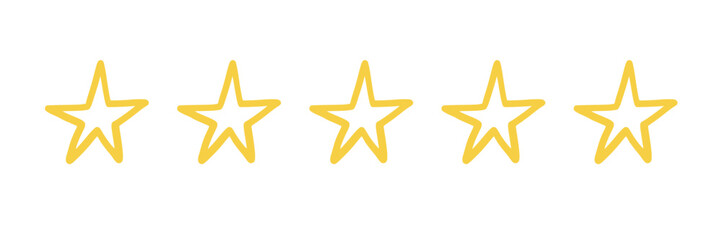 Five star doodle. Hand drawn quality, review yellow five star illustration. Award, quality, feedback concept elements. Sketch grunge style. Isolated vector illustration.
