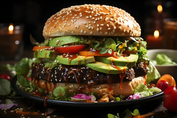 vegan burger with avocado and meat-free patty. fast food close-up. vegetarianism, healthy food. - obrazy, fototapety, plakaty