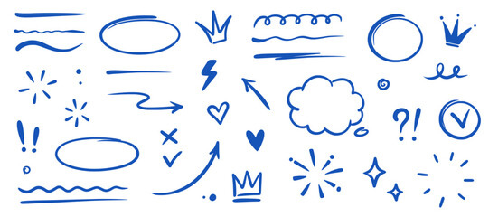 Hand drawn blue highlight, text underline, emphasis mark, line shape set. Hand drawn scribble arrow, love heart, speech bubble, crown element. Marker, pen brush stroke. Vector illustration - obrazy, fototapety, plakaty