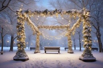 Winter snowy evening in the park, glowing garlands.