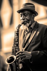 African American jazz musician playing the saxophone