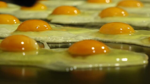 TOKYO, JAPAN : Close up shot of cooking fried egg on iron plate. Shot at street food stall at the festival.