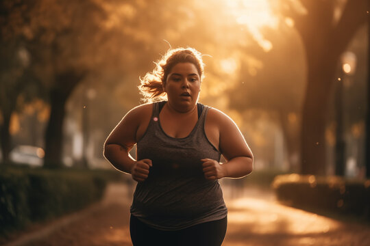 Fat woman on morning running in park. Fat girl with big belly on jogging for weight loss. Lady overweight sprinter to lose fat. Obese female on Fitness for weight loss. Weight loss, body positive