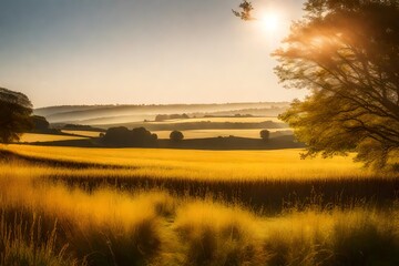 A serene countryside bathed in warm, golden sunlight on a clear day