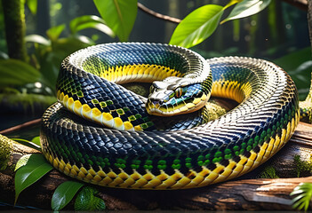 A captivating image featuring the jungle elegance of an anaconda coiled on a sturdy branch. - obrazy, fototapety, plakaty