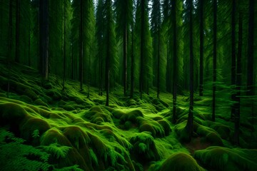 Fototapeta na wymiar A dense boreal forest with tall coniferous trees and a carpet of moss