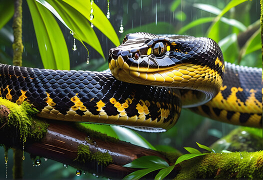 A captivating image featuring the jungle elegance of an anaconda coiled on a sturdy branch.
