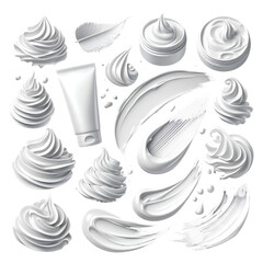 Cream texture strokes isolated on transparent background. Facial creme, foam, gel or body lotion skincare swatch set. Vector white face cosmetic product smears. - obrazy, fototapety, plakaty