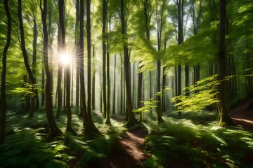 A pristine forest with dappled sunlight streaming through the leaves on a sunny day