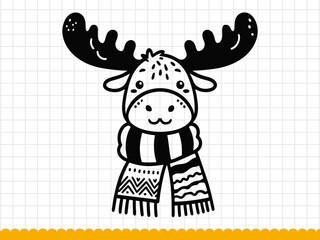 Black silhouette of cute and funny christmas moose. . Vector illustration