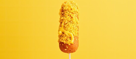 Mustard-covered fried sausage on a homemade corn dog stick. - obrazy, fototapety, plakaty