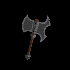 A fantasy orcish battle steel axe with a wooden handle, with scratches and damage in a painted style. One-handed or two-handed weapons. Vector illustration.