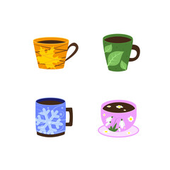 Stylized beautiful tea or coffee mugs on white background symbolizing four seasons: Autumn, Summer, Winter and Spring. Vector illustration.