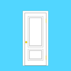 White door with a golden round handle. Interior or entrance door on hinges with a white door box. Vector illustration.