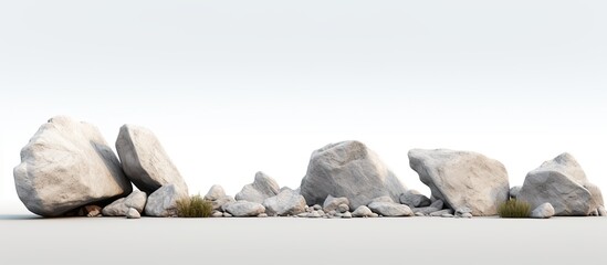3D illustration of rocks positioned alone on white background.