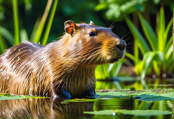 A peaceful image capturing the serenity of a capybara relaxing waterside in its natural habitat