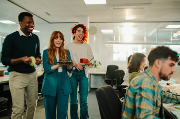 A diverse colleagues surprising a businessman with a birthday cake.