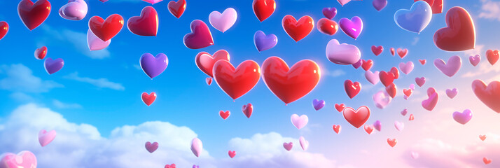 Horizontal banner with Colorful heart shaped balloons floating in the sky. Festive background...