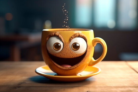 Cup of coffee. Cute mug with a hot drink. Cheerful good morning. Have a good day. Funny illustration for advertising, article, puzzle, coffee shop, cover.