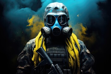 A soldier in a gas mask. On a yellow and blue background. Smoke soldier  - obrazy, fototapety, plakaty