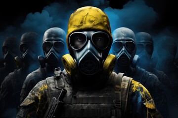A soldier in a gas mask. On a yellow and blue background. Smoke soldier  - obrazy, fototapety, plakaty