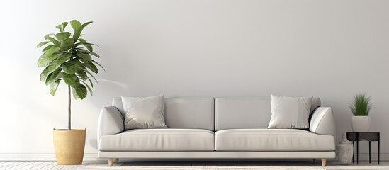 Fototapeta premium Living room with grey sofa, green plant, and soft rug as focus.