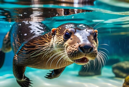 An endearing image capturing the playful waterside charm of a giant otter in its habitat